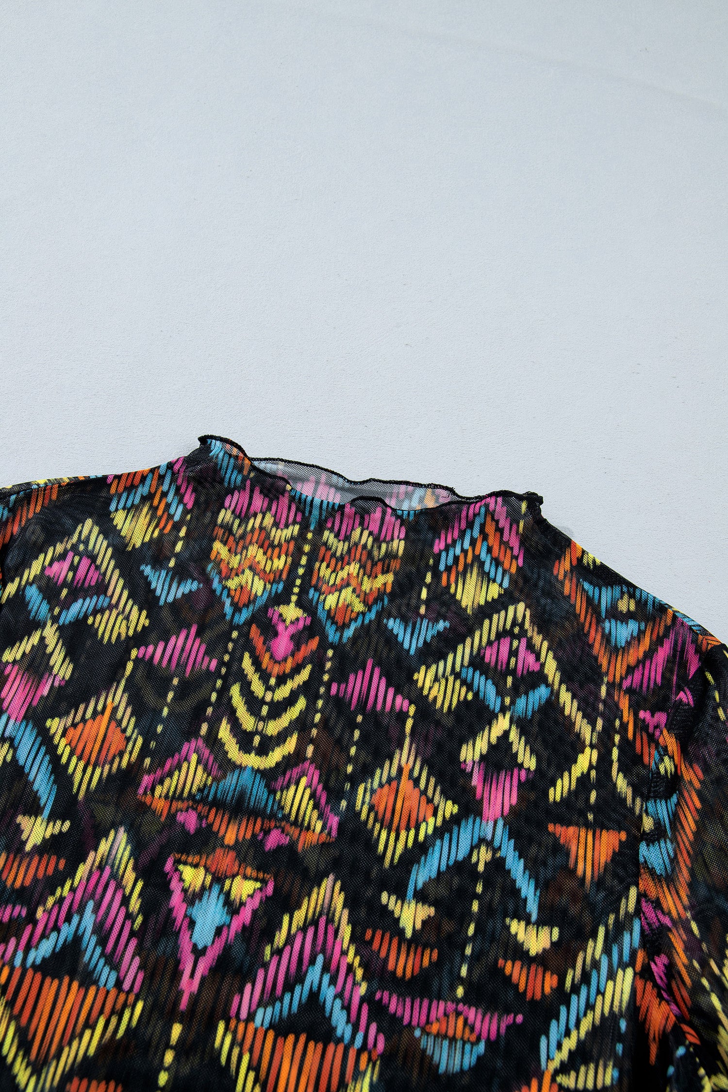 Color Black Abstract Print Long Sleeve Stand Neck Mesh Top-Tops/Long Sleeve Tops-[Adult]-[Female]-2022 Online Blue Zone Planet