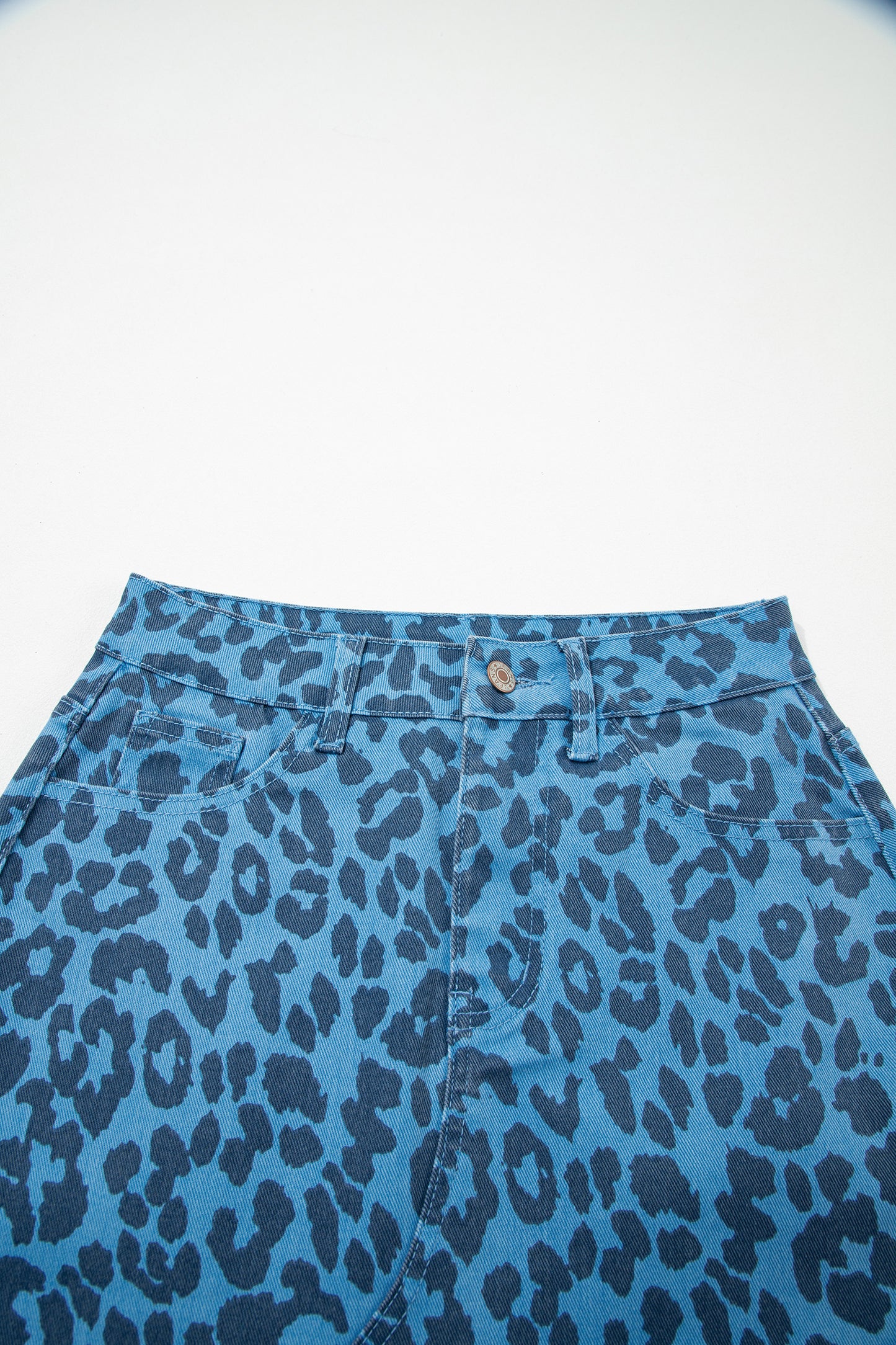 Sky Blue Leopard Denim Frayed Split Denim Midi Skirt-Bottoms/Skirts & Petticoat-[Adult]-[Female]-2022 Online Blue Zone Planet
