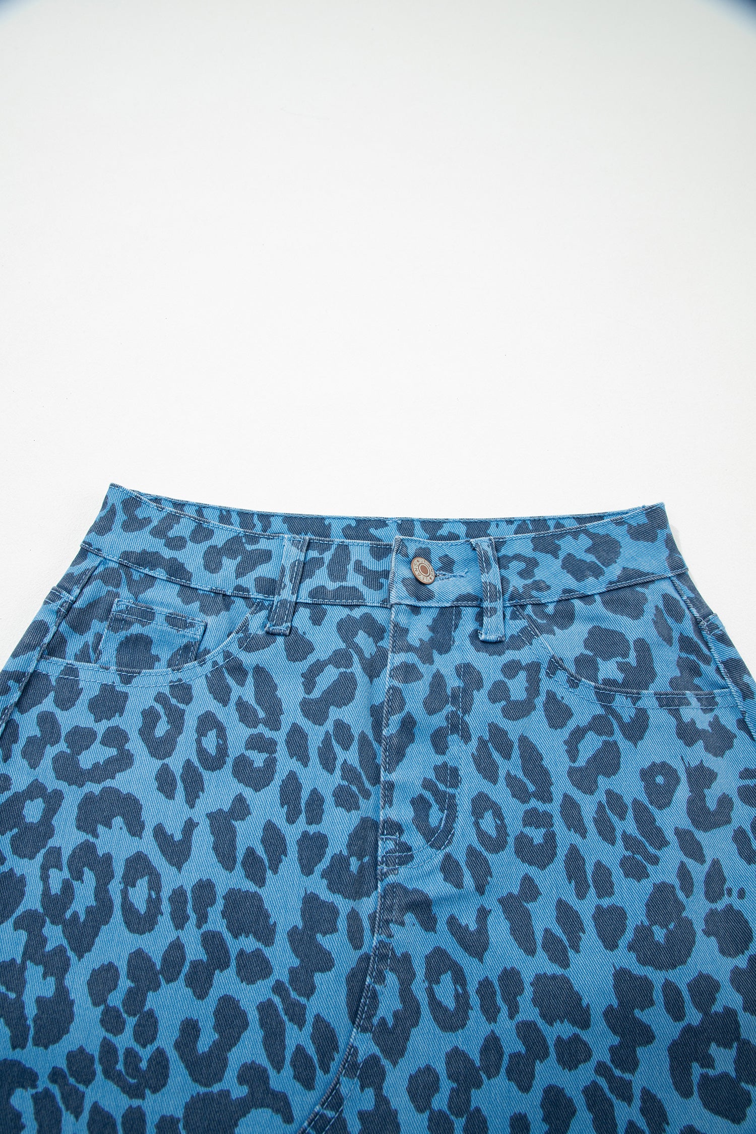 Sky Blue Leopard Denim Frayed Split Denim Midi Skirt-Bottoms/Skirts & Petticoat-[Adult]-[Female]-2022 Online Blue Zone Planet