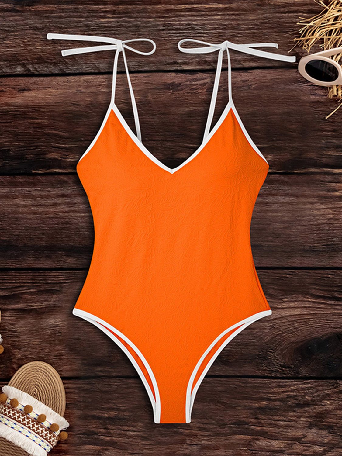 Blue Zone Planet | Tied V-Neck Spaghetti Strap One-Piece Swimwear-TOPS / DRESSES-[Adult]-[Female]-2022 Online Blue Zone Planet