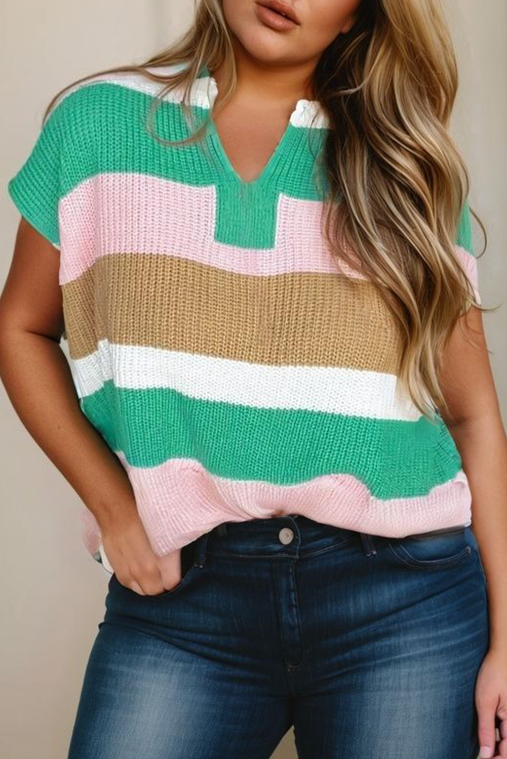 Multicolour Plus Size Striped Colorblock V Neck Short Sleeve Sweater-TOPS / DRESSES-[Adult]-[Female]-Multicolour-1X-2022 Online Blue Zone Planet
