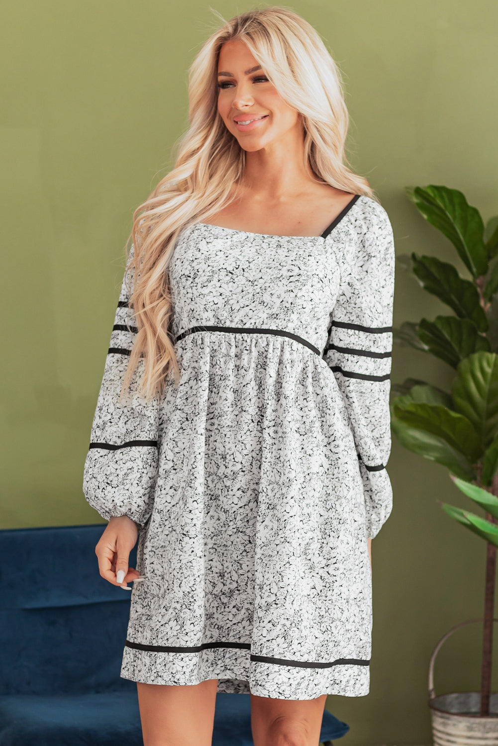 Blue Zone Planet | Gray Floral Print Open Back Balloon Sleeve Square Neck Mini Dress-TOPS / DRESSES-[Adult]-[Female]-2022 Online Blue Zone Planet