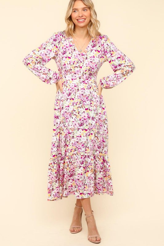 Haptics Full Size Floral V-Neck Long Sleeve Dress with Side Pockets-TOPS / DRESSES-[Adult]-[Female]-2022 Online Blue Zone Planet