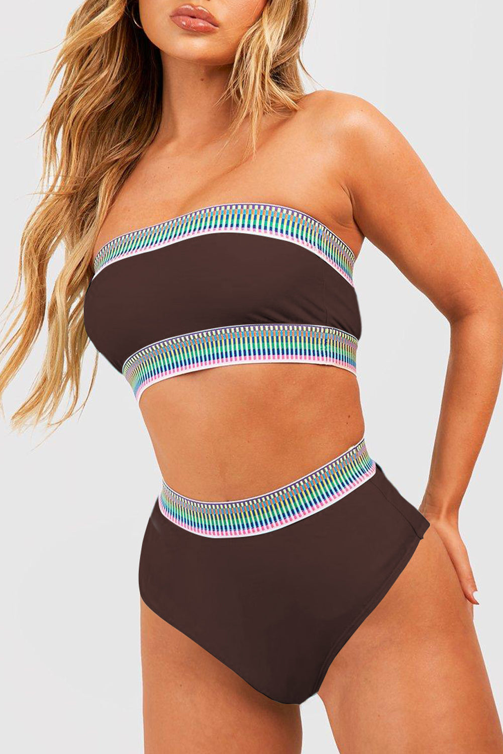 Coffee Contrast Banding Tube Bikini High Waist 2pcs Swimsuit-Swimwear/High Waisted Swimsuit-[Adult]-[Female]-2022 Online Blue Zone Planet