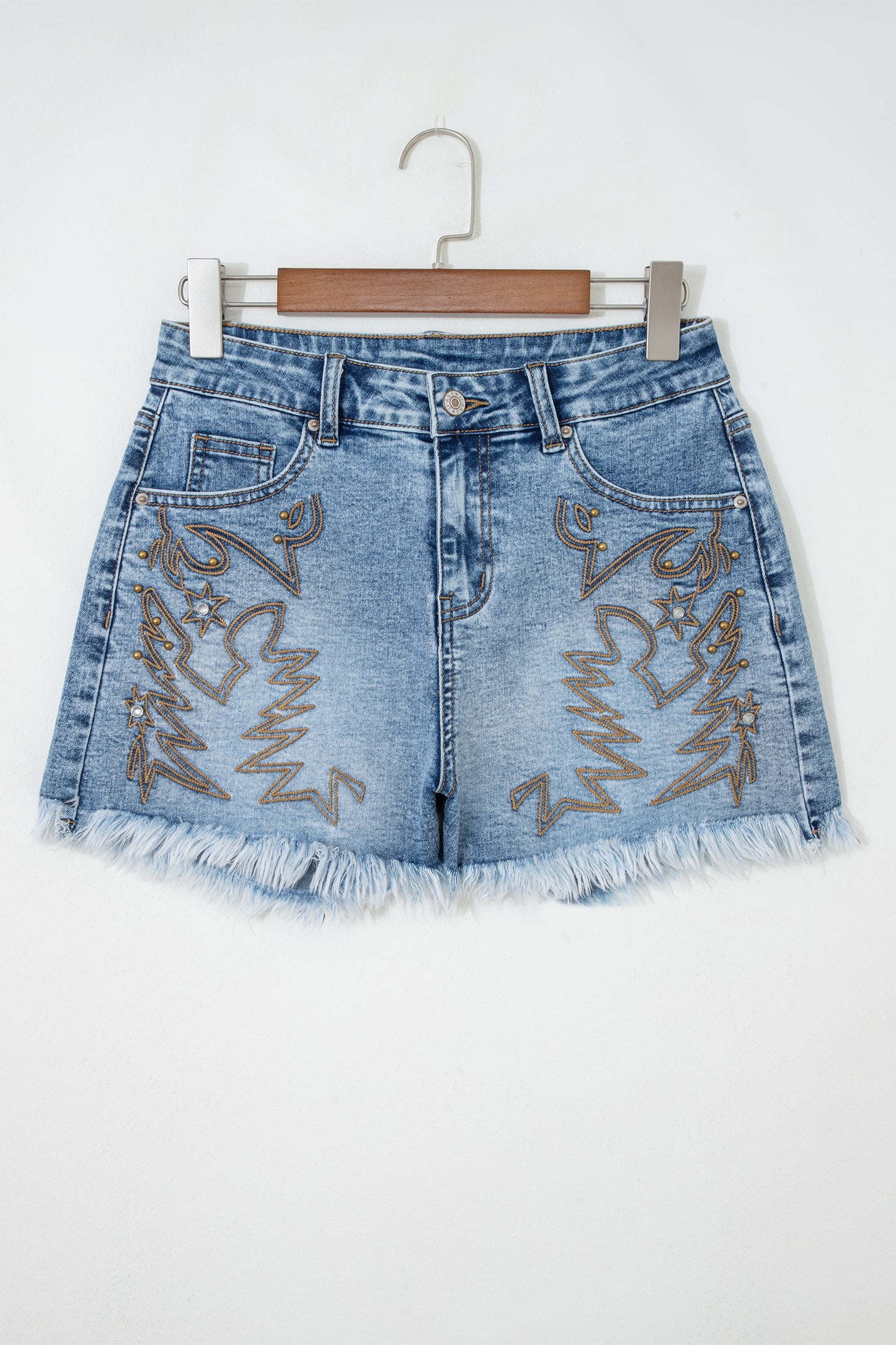 Dusk Blue Western Embroidery Stud Denim Shorts Summer Daily Wear-Bottoms/Denim Shorts-[Adult]-[Female]-2022 Online Blue Zone Planet