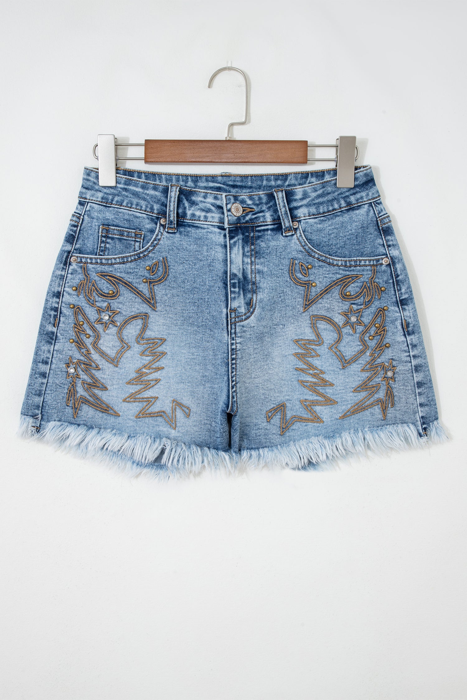 Dusk Blue Western Embroidery Stud Denim Shorts Summer Daily Wear-Bottoms/Denim Shorts-[Adult]-[Female]-2022 Online Blue Zone Planet