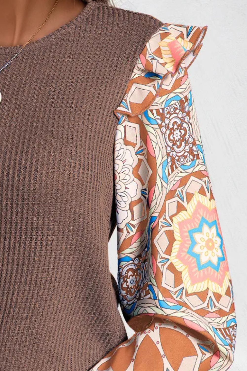 Blue Zone Planet | Ruffled Printed Round Neck Long Sleeve Top-TOPS / DRESSES-[Adult]-[Female]-2022 Online Blue Zone Planet