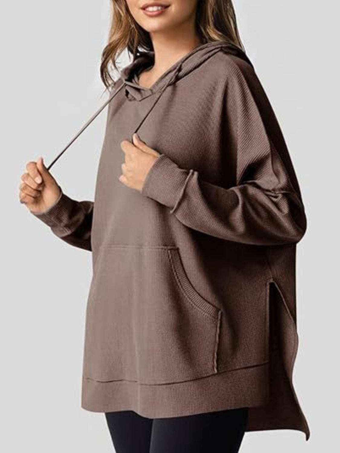 Drawstring Slit Long Sleeve Hoodie-TOPS / DRESSES-[Adult]-[Female]-2022 Online Blue Zone Planet