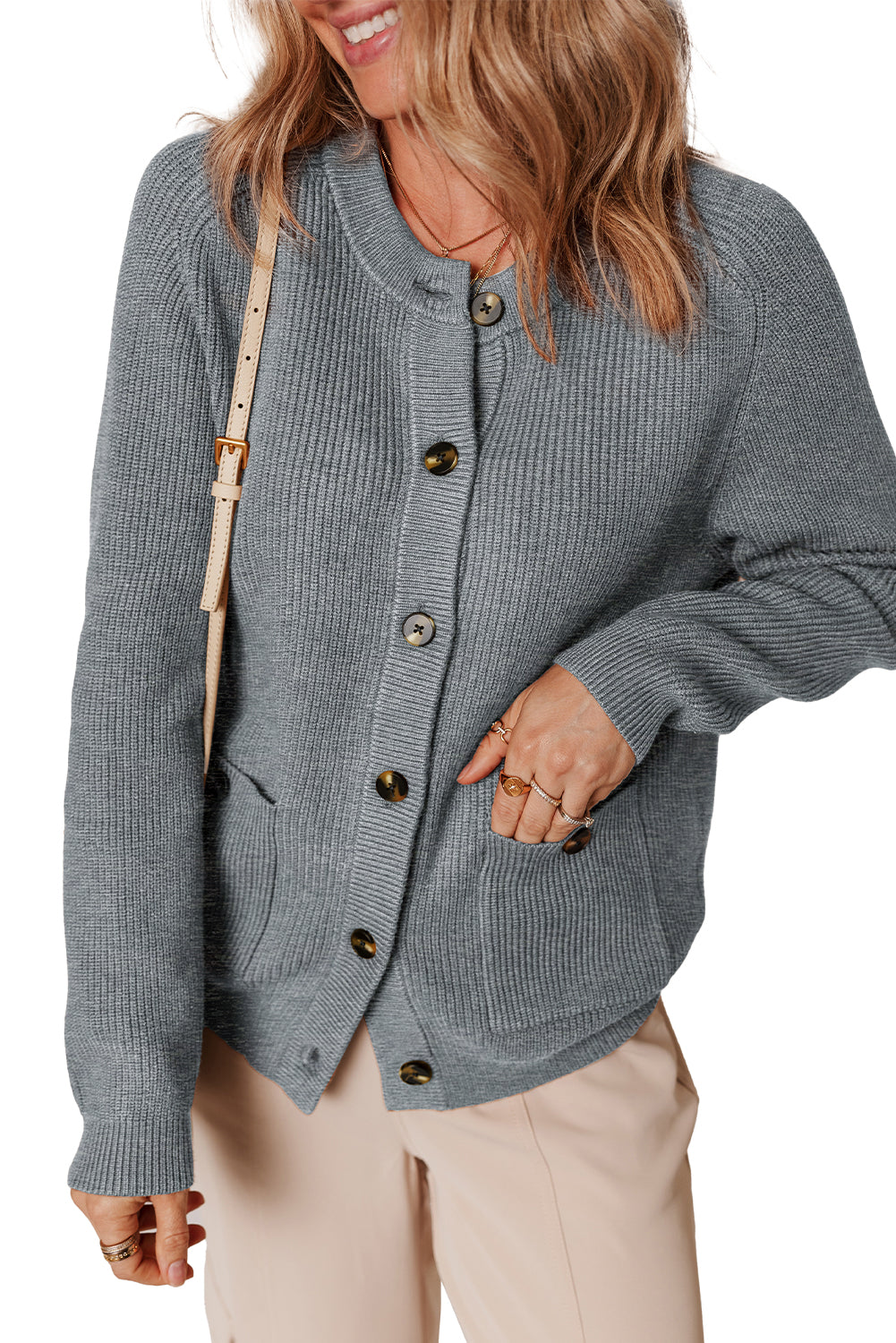 Medium Grey Chunky Buttoned Front Round Neck Cardigan Sweater-TOPS / DRESSES-[Adult]-[Female]-2022 Online Blue Zone Planet