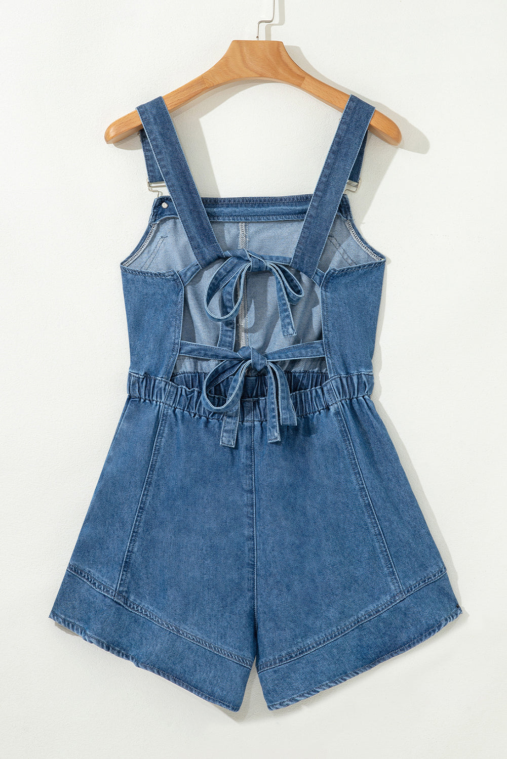 Sky Blue Buckle Straps Bib Style Drawstring Tied Backless Flared Denim Romper-Bottoms/Jumpsuits & Rompers-[Adult]-[Female]-2022 Online Blue Zone Planet