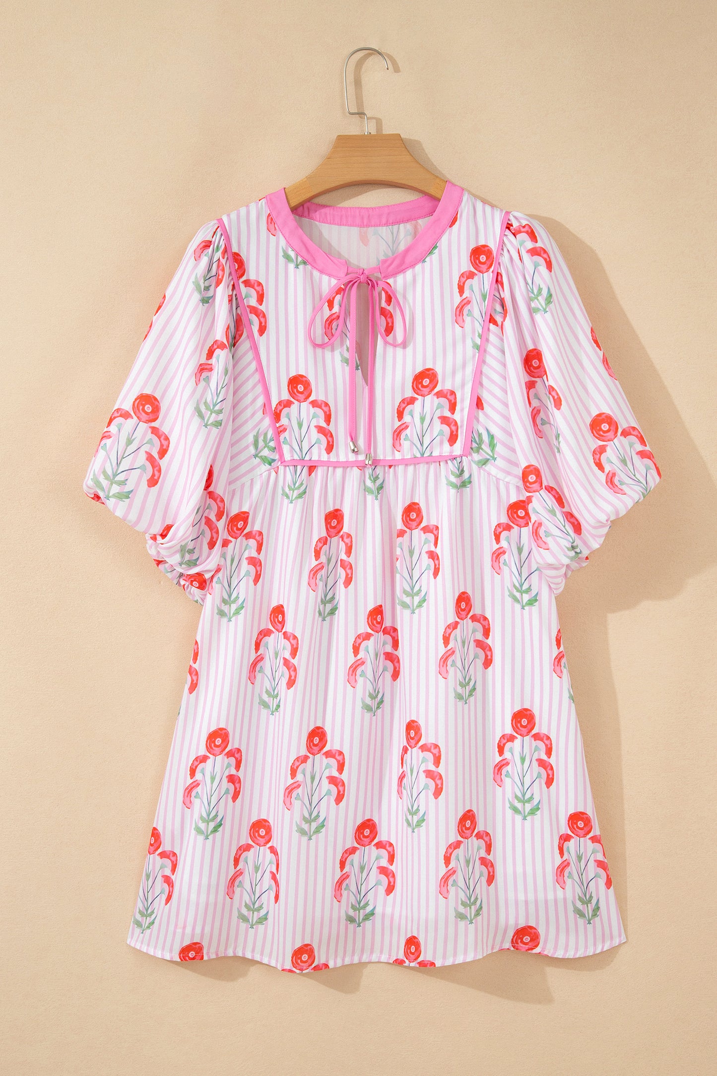 Pink Floral Striped Print Tie Notched Neck Puff Sleeve Flared Mini Dress-TOPS / DRESSES-[Adult]-[Female]-2022 Online Blue Zone Planet