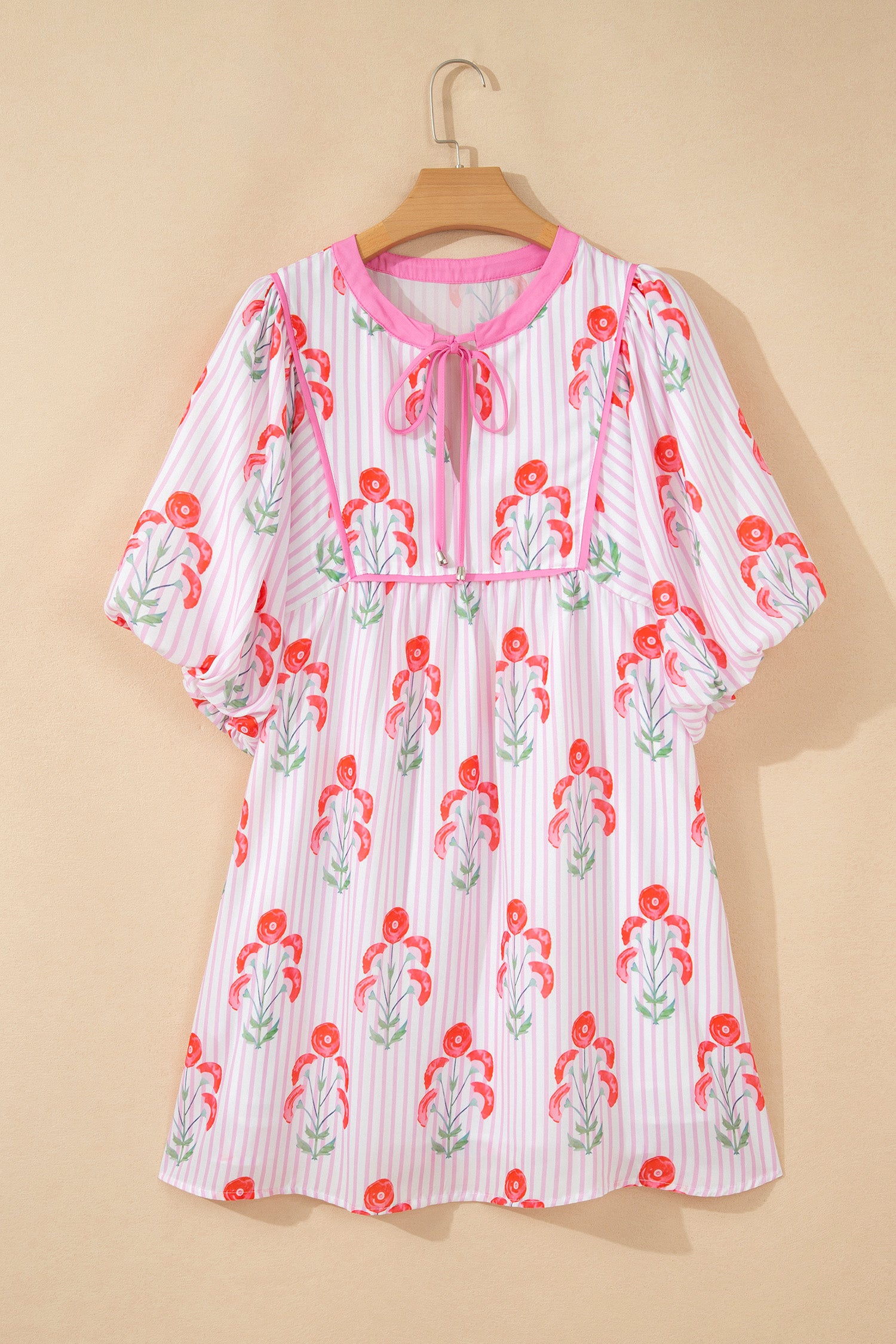 Pink Floral Striped Print Tie Notched Neck Puff Sleeve Flared Mini Dress-TOPS / DRESSES-[Adult]-[Female]-2022 Online Blue Zone Planet