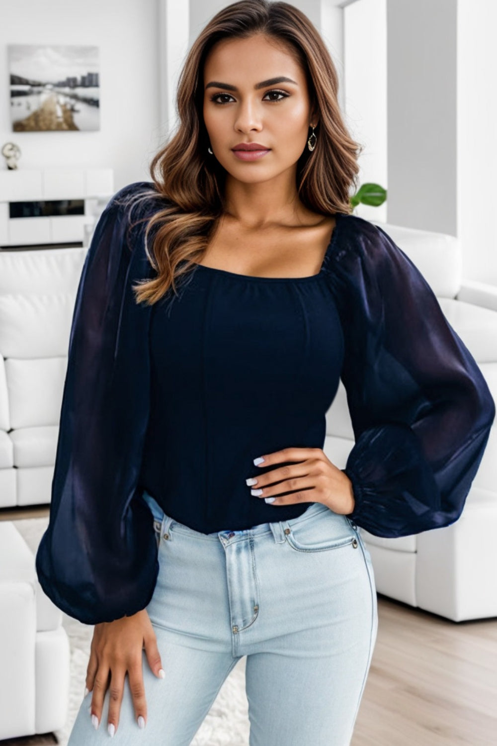 Square Neck Balloon Sleeve Blouse-TOPS / DRESSES-[Adult]-[Female]-Dark Blue-S-2022 Online Blue Zone Planet