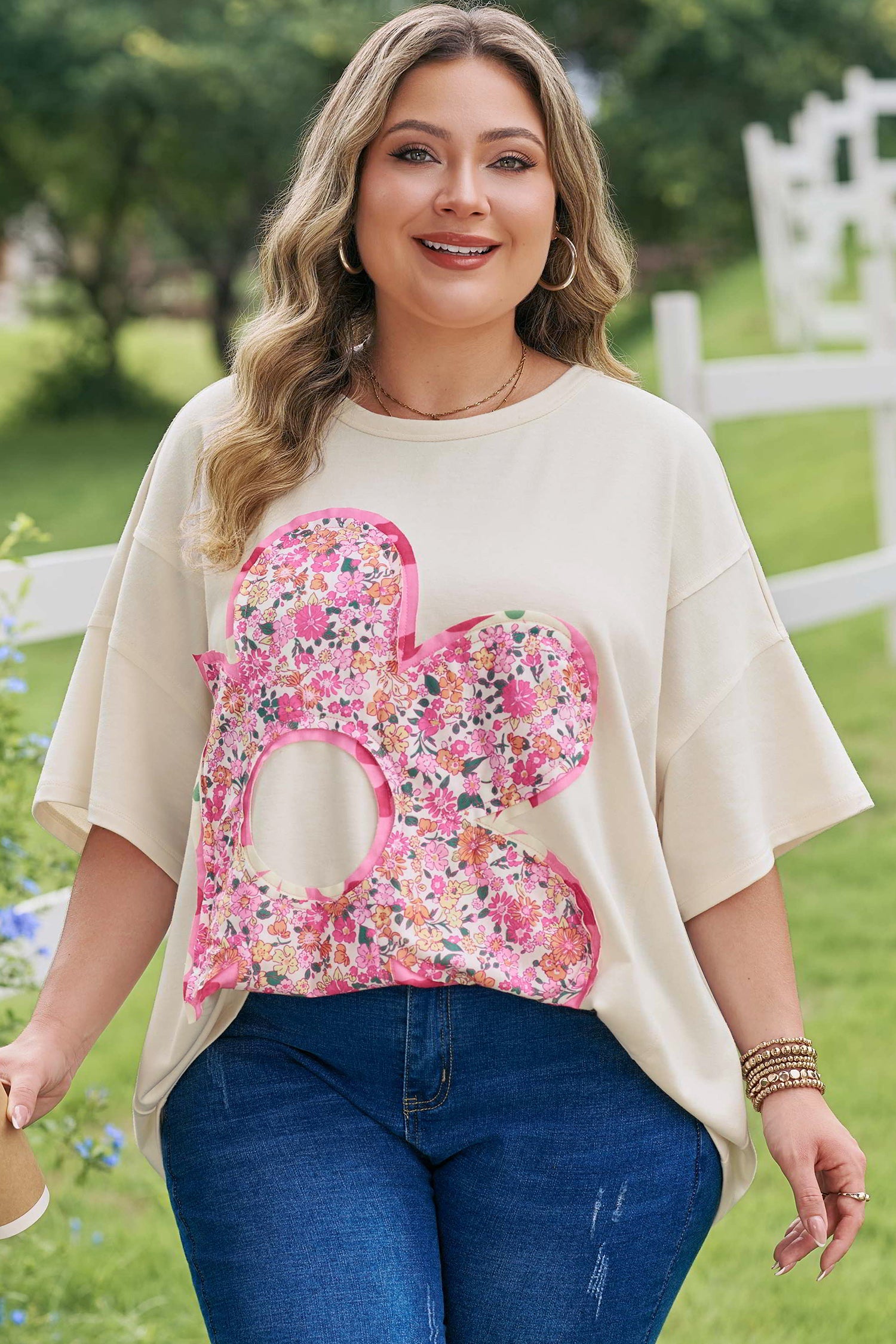 Jet Stream Big Flower Patched Plus Size Tunic T-Shirt-Plus Size/Plus Size Tops/Plus Size Tops & Tees-[Adult]-[Female]-2022 Online Blue Zone Planet