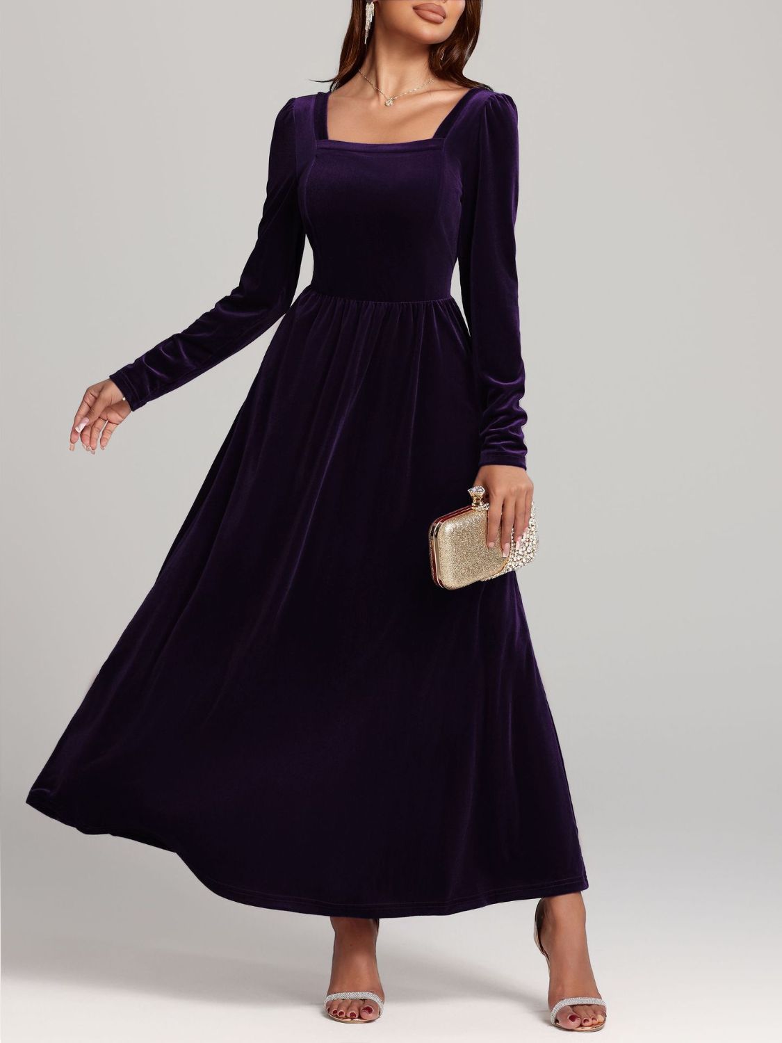 Blue Zone Planet | Velvet Square Neck Long Sleeve Dress-TOPS / DRESSES-[Adult]-[Female]-Violet-S-2022 Online Blue Zone Planet