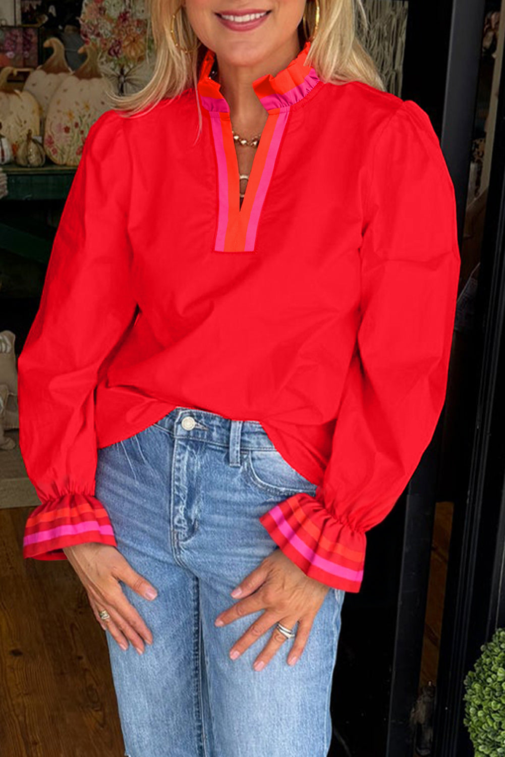 Black Striped Trim Ruffle Split Neck Long Sleeve Blouse-Tops/Blouses & Shirts-[Adult]-[Female]-Fiery Red-S-2022 Online Blue Zone Planet