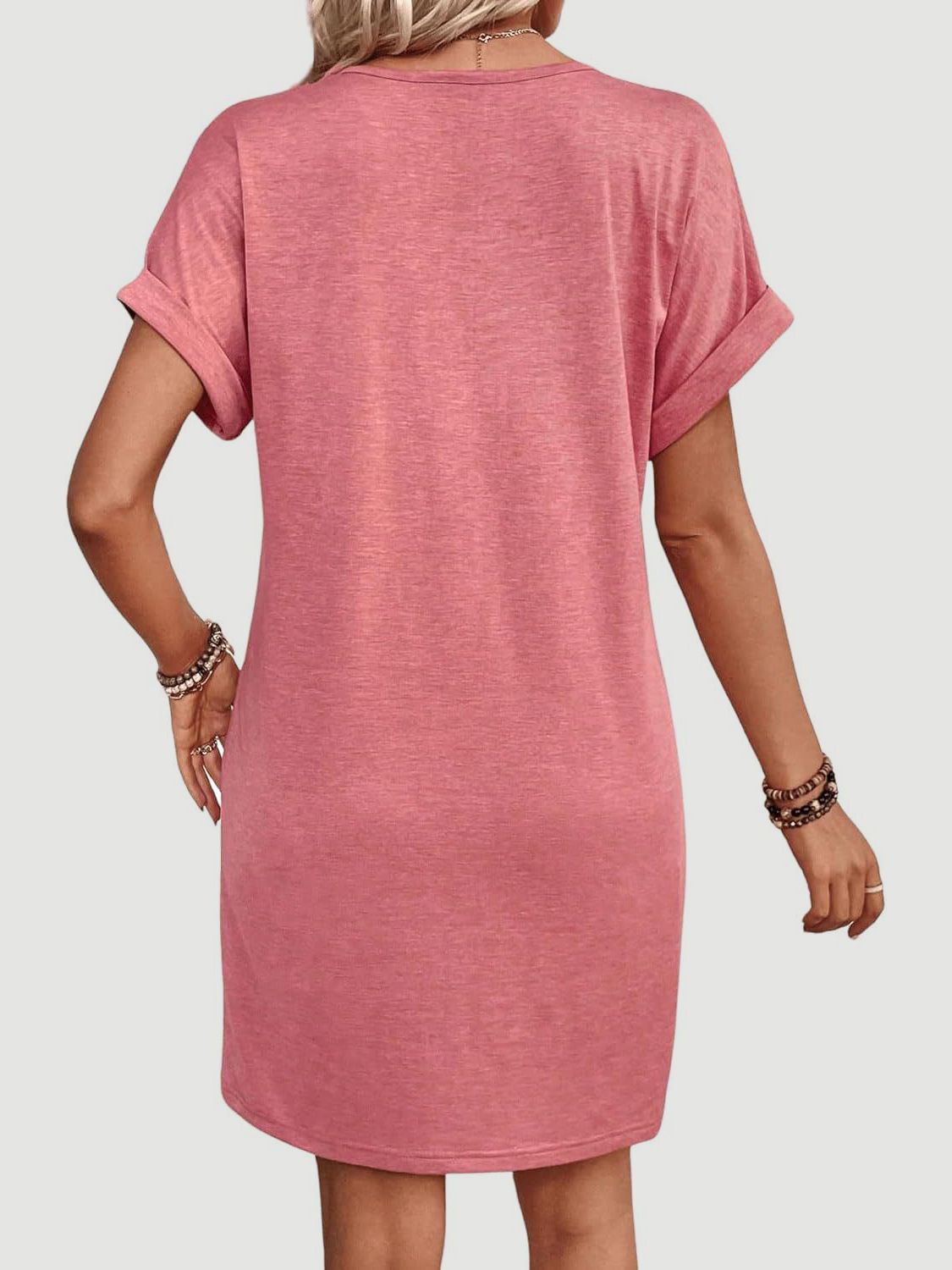 Quarter Button V-Neck Short Sleeve Dress-TOPS / DRESSES-[Adult]-[Female]-2022 Online Blue Zone Planet