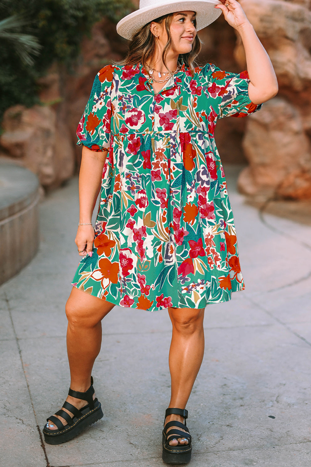 Blue Zone Planet | Sky Blue Plus Size Floral Print Puff Sleeve Tie Neck Babydoll Dress-TOPS / DRESSES-[Adult]-[Female]-2022 Online Blue Zone Planet