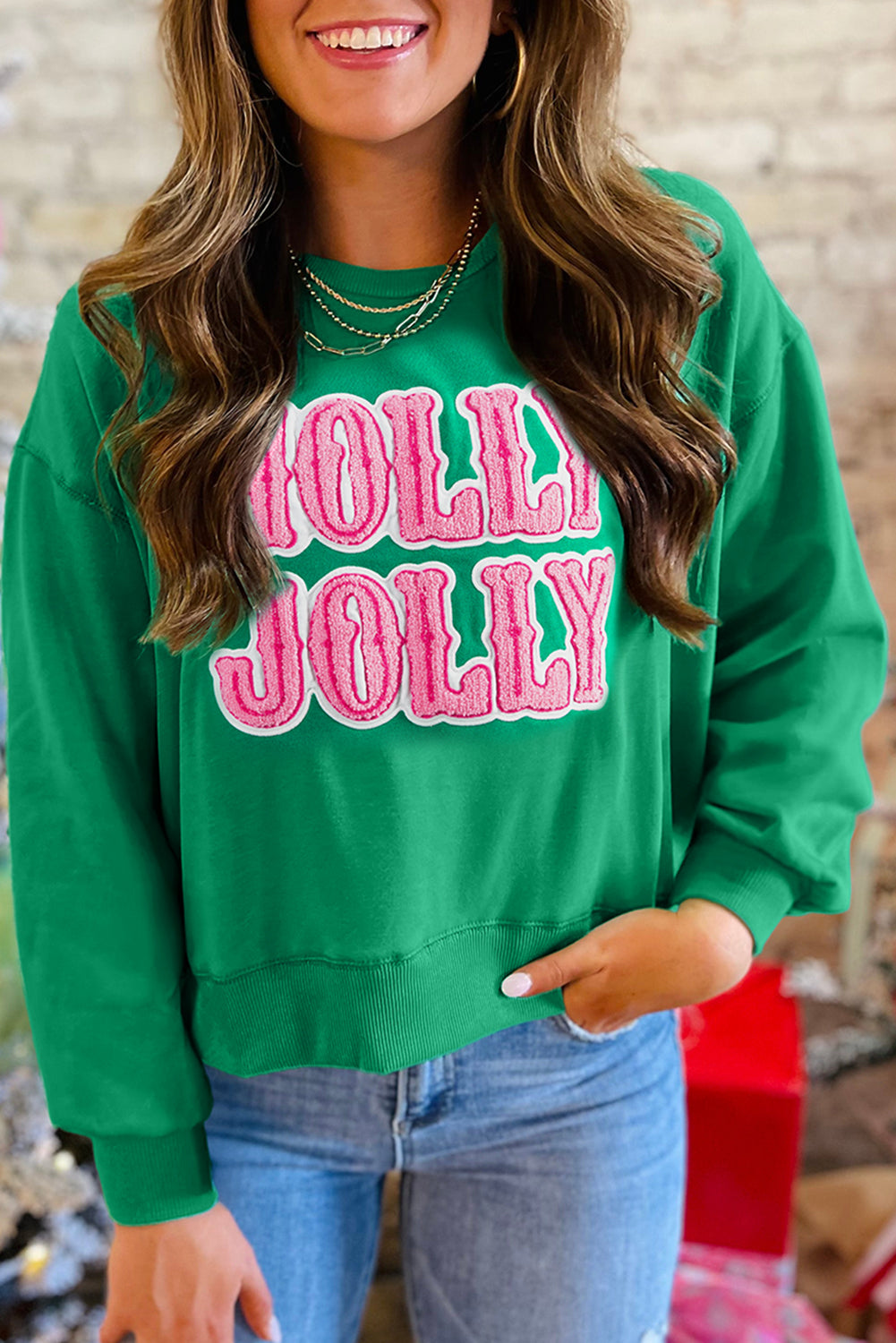 Sea Green Holly Jolly Towel Embroidered Christmas Holiday Sweatshirt-Tops/Sweatshirts & Hoodies-[Adult]-[Female]-Sea Green-S-2022 Online Blue Zone Planet