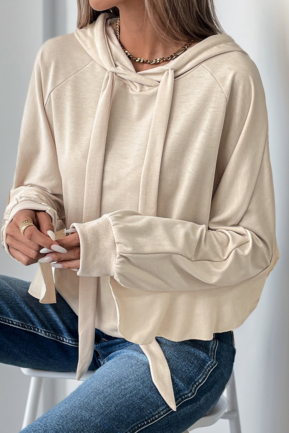 Beige Ruffle Edge Plain Drawstring Hoodie-Sweatshirts & Hoodies-[Adult]-[Female]-2022 Online Blue Zone Planet