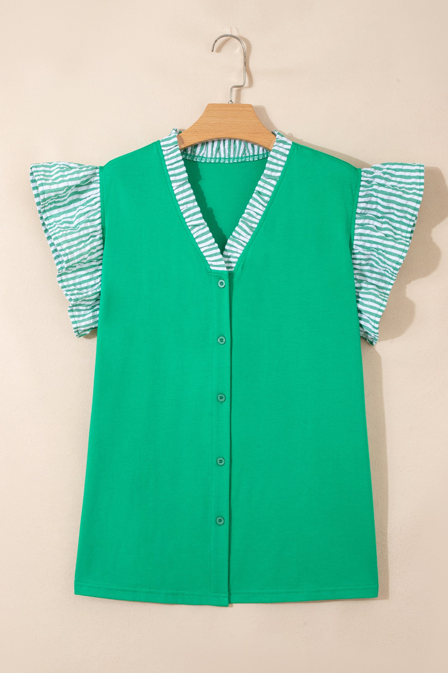 Dark Green Plus Size Button Front Ruffled Stripe Trim V Neck Flutter Sleeve Blouse-Plus Size/Plus Size Tops/Plus Size Blouses & Shirts-[Adult]-[Female]-2022 Online Blue Zone Planet