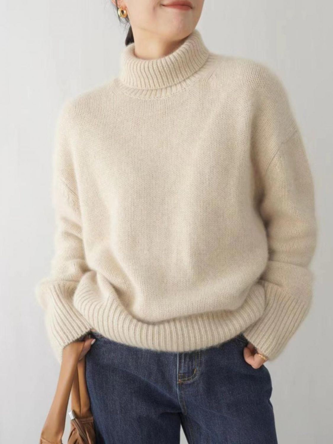 Turtleneck Dropped Shoulder Long Sleeve Sweater-[Adult]-[Female]-2022 Online Blue Zone Planet