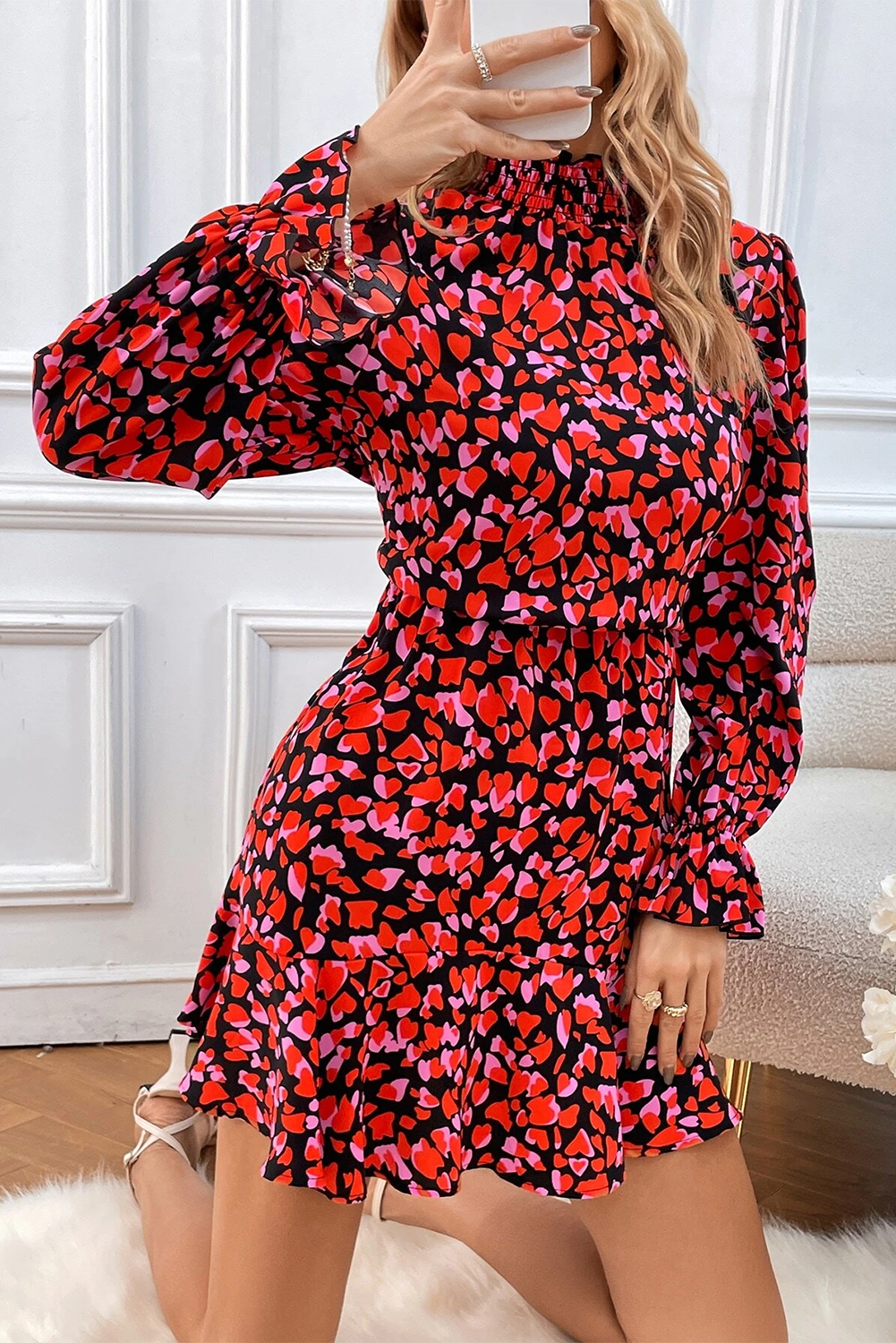 Blue Zone Planet | Red Valentines Day Heart Shape Print Long Sleeve Mini Dress-TOPS / DRESSES-[Adult]-[Female]-2022 Online Blue Zone Planet