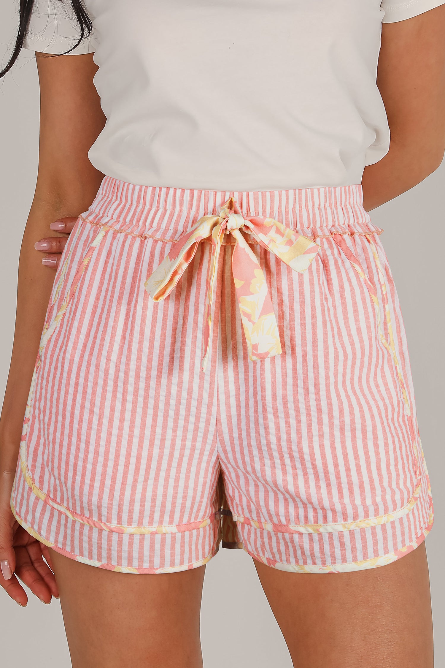Light Pink Floral Trim Ribbon Knot Striped Casual Shorts-Bottoms/Casual Shorts-[Adult]-[Female]-Light Pink-S-2022 Online Blue Zone Planet