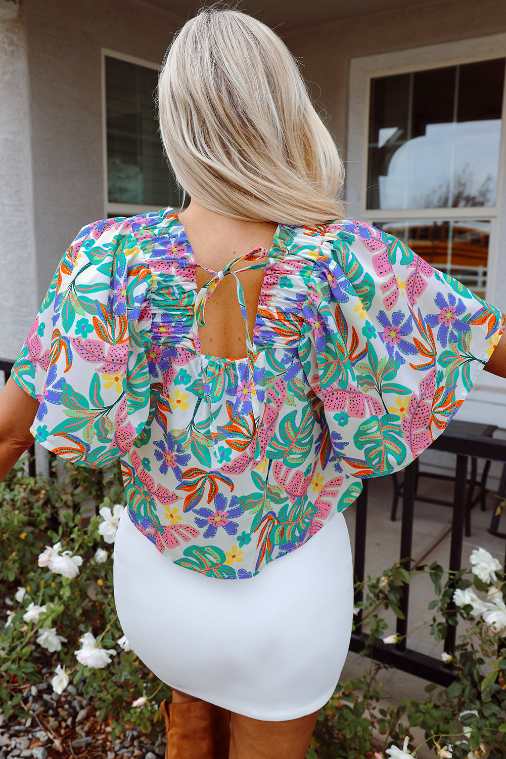 Green Plant Print Loose Fit Puff Sleeve Square Neck Blouse-Tops/Blouses & Shirts-[Adult]-[Female]-2022 Online Blue Zone Planet