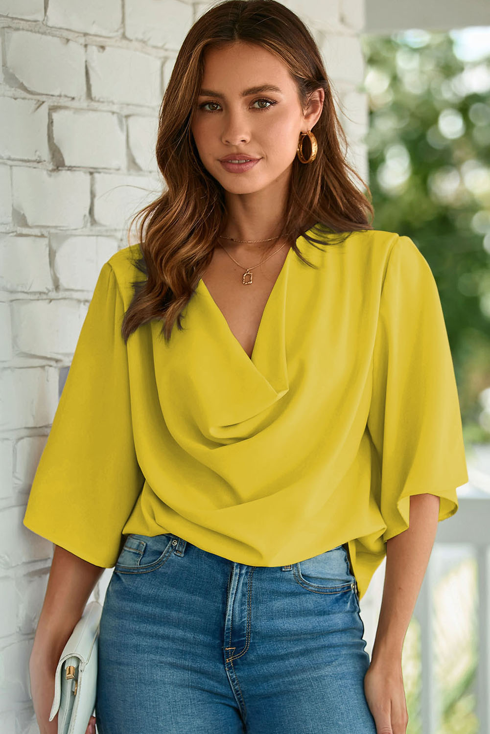 Golden Glow Women's Casual Summer Sleeve Wrap V Neck Draped Blouses-Tops/Blouses & Shirts-[Adult]-[Female]-2022 Online Blue Zone Planet