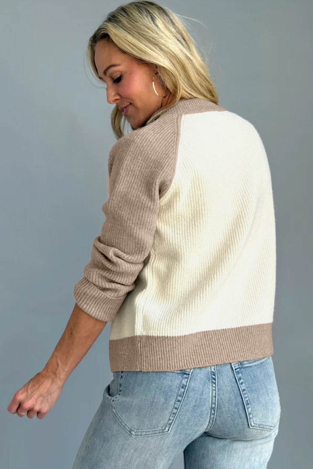 White Color Block Ribbed Knit Button Down Sweater Cardigan-Sweaters & Cardigans/Cardigans-[Adult]-[Female]-2022 Online Blue Zone Planet