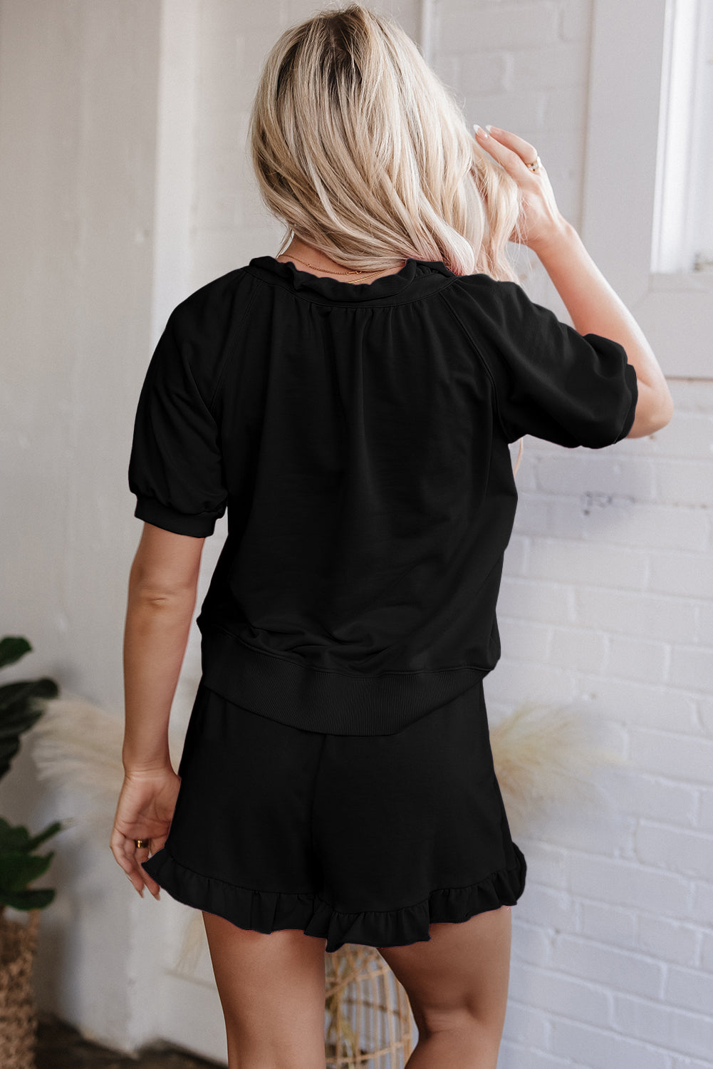 Black Half Zip Puff Sleeve Top and Ruffled Shorts Set-Two Piece Sets/Short Sets-[Adult]-[Female]-2022 Online Blue Zone Planet