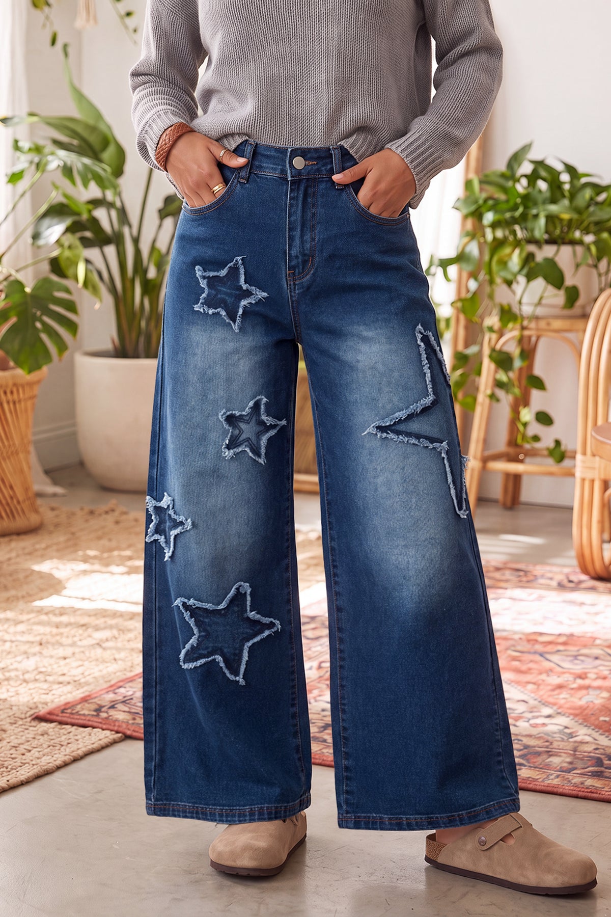 Ashleigh Blue Star Decorated Wide Leg Jeans-Bottoms/Jeans-[Adult]-[Female]-2022 Online Blue Zone Planet
