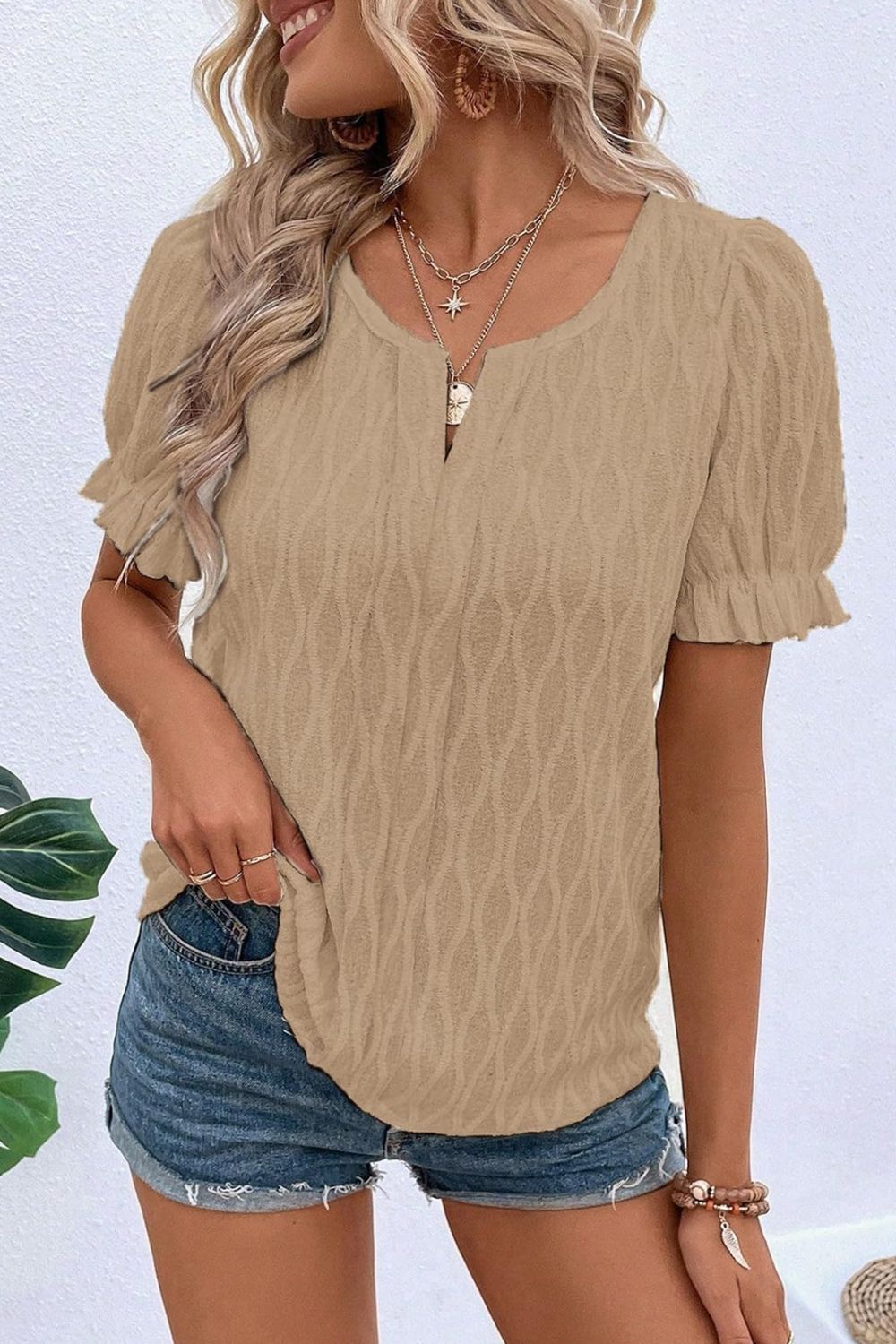 Texture Notched Short Sleeve Blouse-TOPS / DRESSES-[Adult]-[Female]-Khaki-S-2022 Online Blue Zone Planet