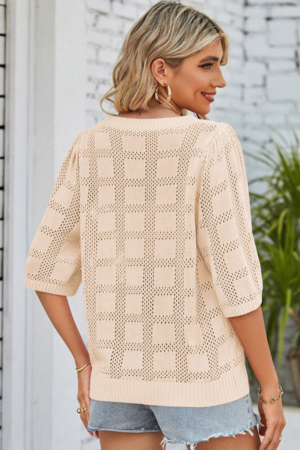 Apricot Plaid Pattern Crochet Knit Short Sleeve Sweater-Sweaters & Cardigans/Short Sleeve Sweaters-[Adult]-[Female]-2022 Online Blue Zone Planet