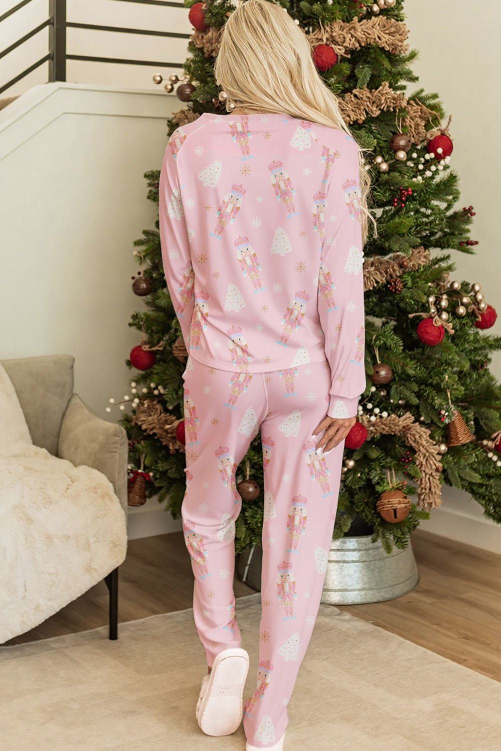 Pink Christmas Tree Nutcracker Print 2pcs Lounge Pant Set-Loungewear & Sleepwear/Loungewear-[Adult]-[Female]-2022 Online Blue Zone Planet