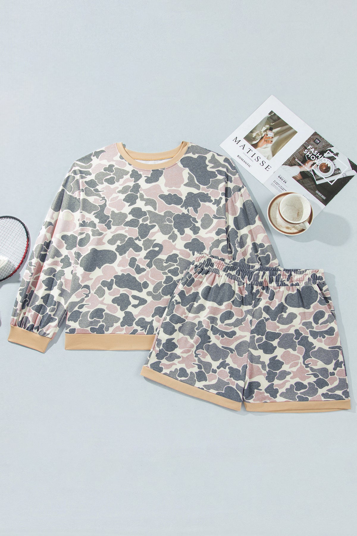 Multicolour Camouflage Print Round Neck Drop Shoulder Pullover Plus Size Shorts Set-Plus Size/Plus Size Loungewear-[Adult]-[Female]-2022 Online Blue Zone Planet