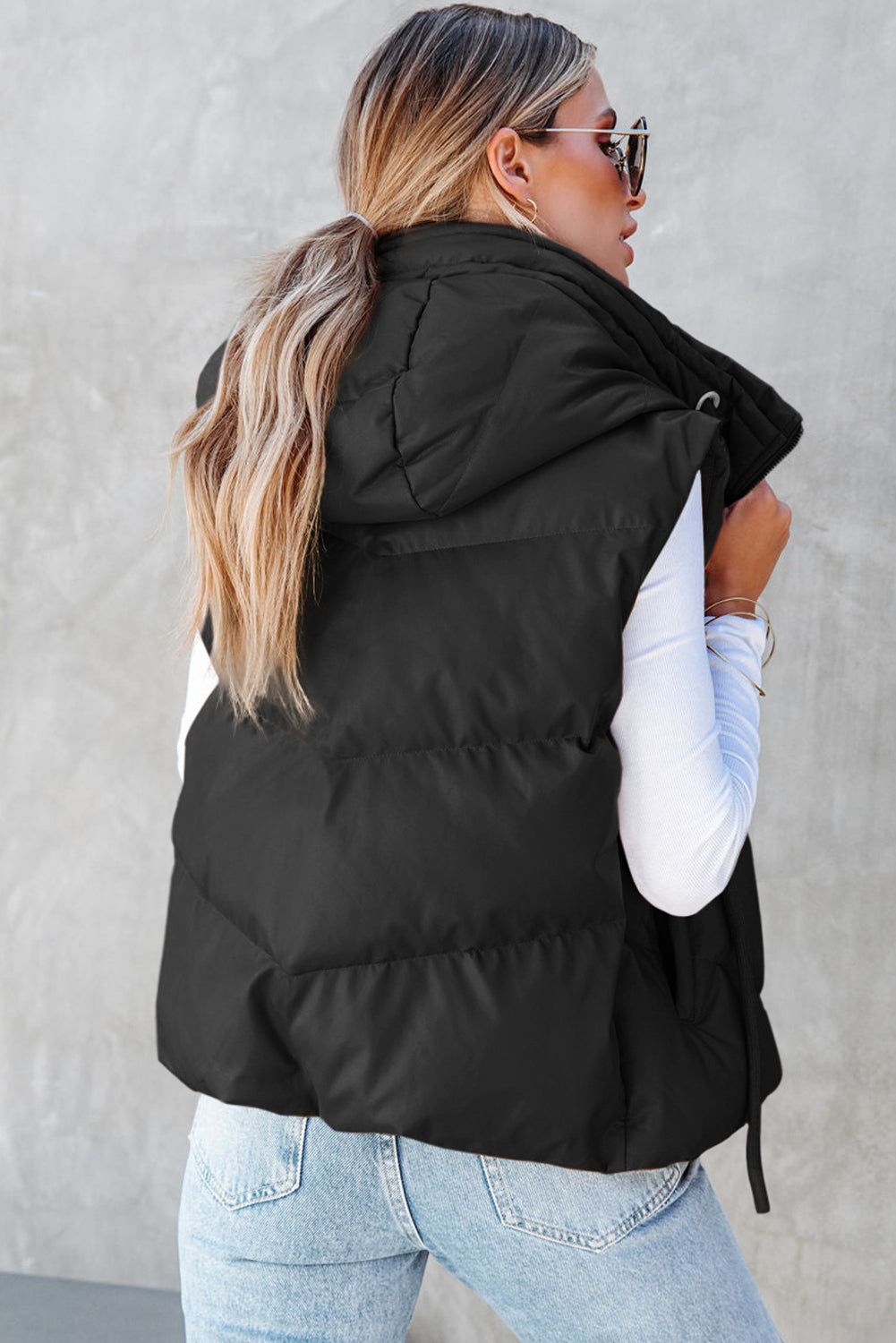 Blue Zone Planet |  Black Sleek Quilted Puffer Hooded Vest Coat Blue Zone Planet