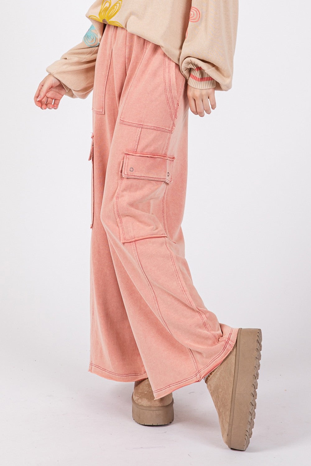 SAGE + FIG Knit Terry Mineral Wash Wide Leg Pants-[Adult]-[Female]-2022 Online Blue Zone Planet