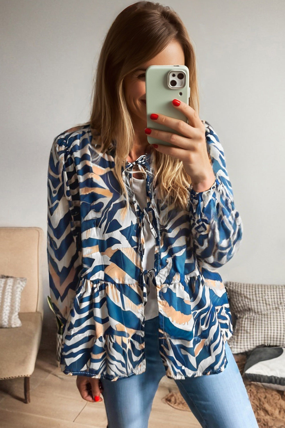 Blue Zebra Print Tied Front Puff Sleeve Top-Tops/Blouses & Shirts-[Adult]-[Female]-2022 Online Blue Zone Planet