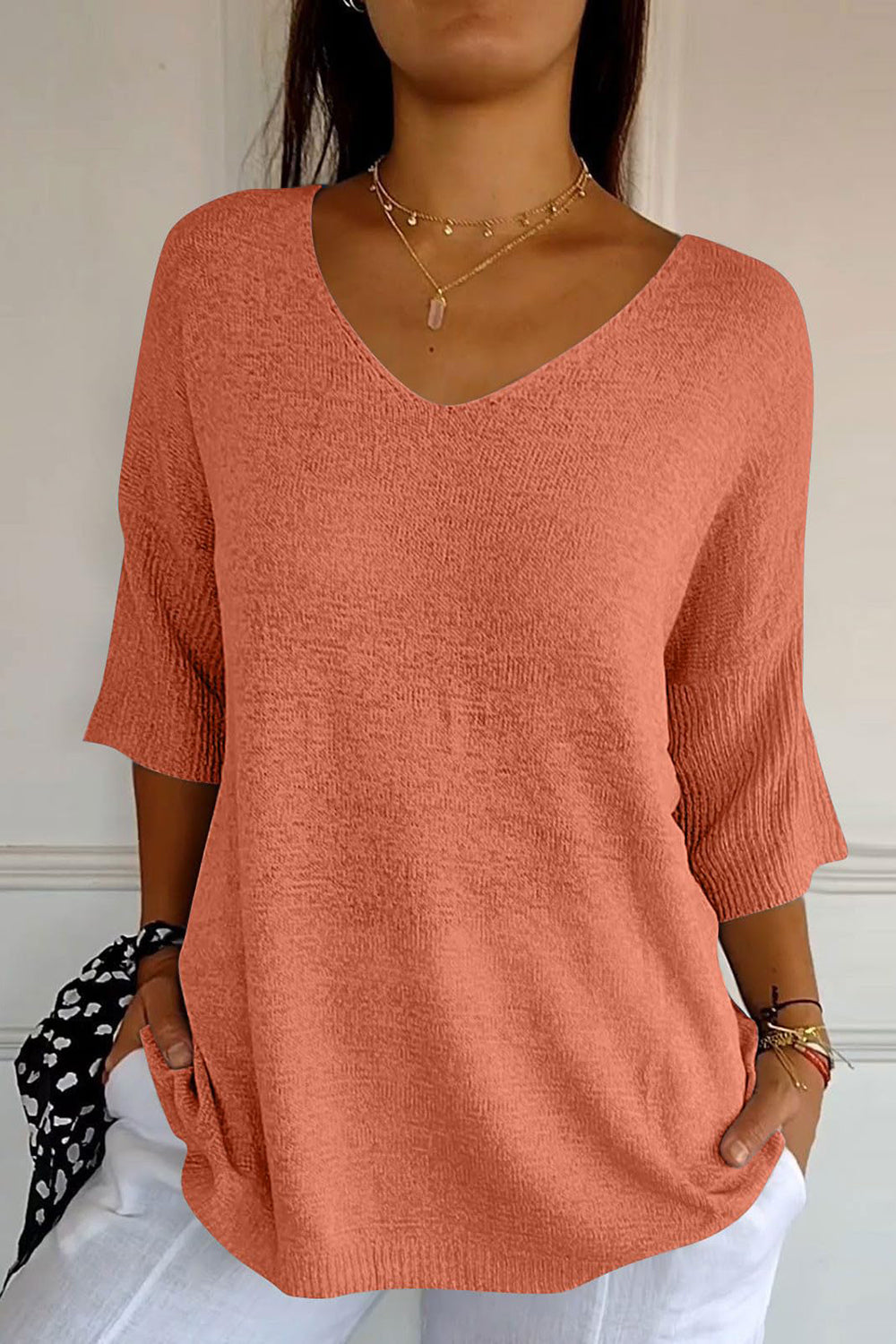 V-Neck Three-Quarter Sleeve Knit Top-TOPS / DRESSES-[Adult]-[Female]-Orange-One Size-2022 Online Blue Zone Planet