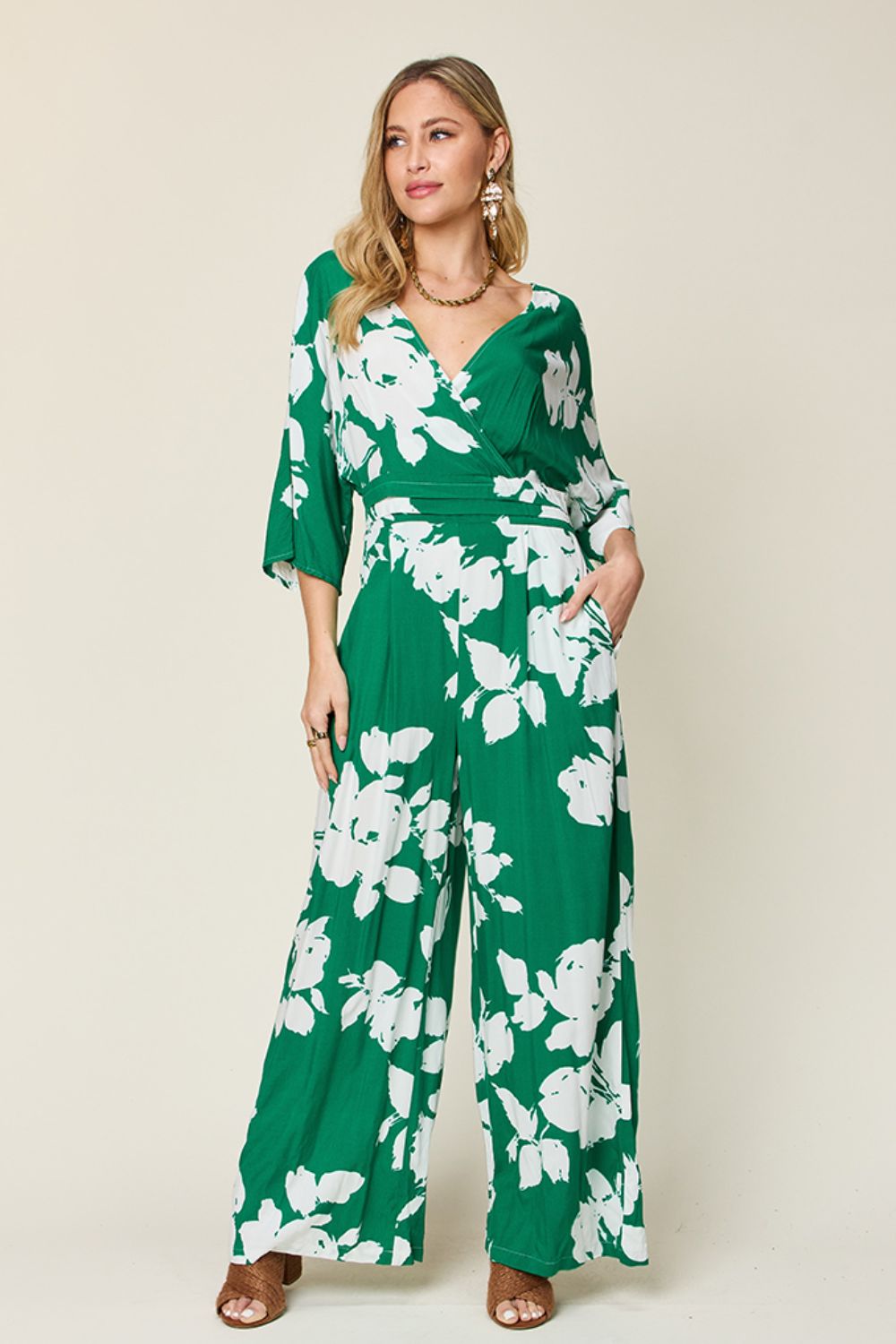 Blue Zone Planet | Double Take Full Size Printed Tie Back Wide Leg Jumpsuit-TOPS / DRESSES-[Adult]-[Female]-Green-S-2022 Online Blue Zone Planet