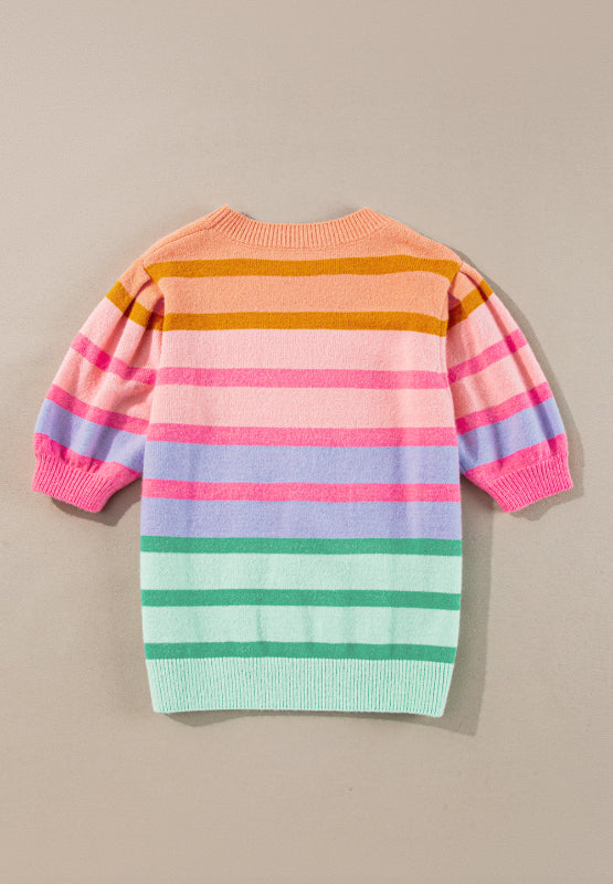 Striped Round Neck Half Sleeve Sweater-TOPS / DRESSES-[Adult]-[Female]-2022 Online Blue Zone Planet