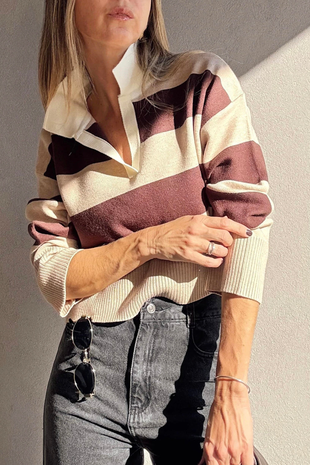 Brown Ribbed Trim Color Block Knitted Polo Collar Sweater-TOPS / DRESSES-[Adult]-[Female]-2022 Online Blue Zone Planet