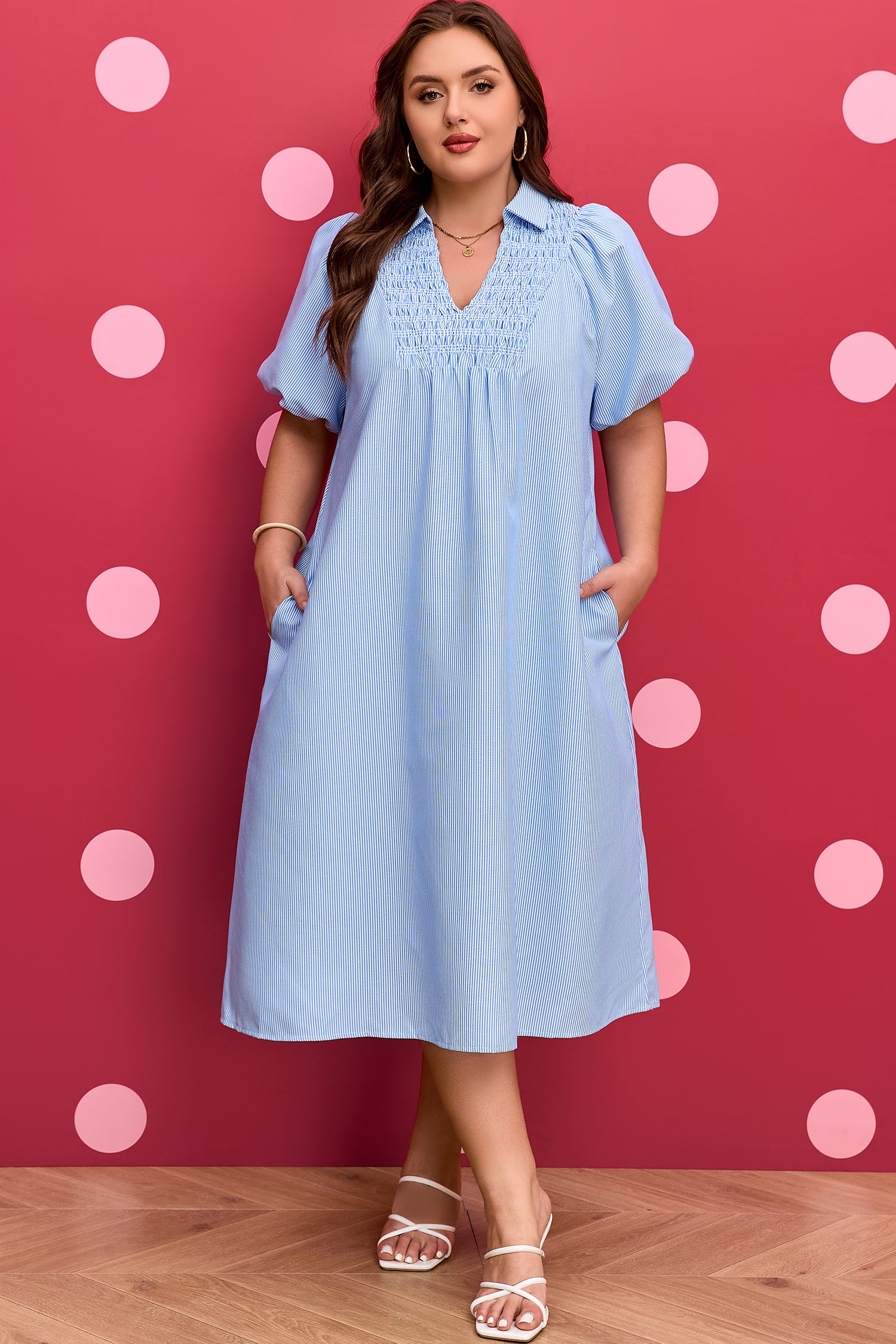 Sky Blue Stripe Shirred Detail Collar V Neck Plus Size Midi Dress-TOPS / DRESSES-[Adult]-[Female]-2022 Online Blue Zone Planet