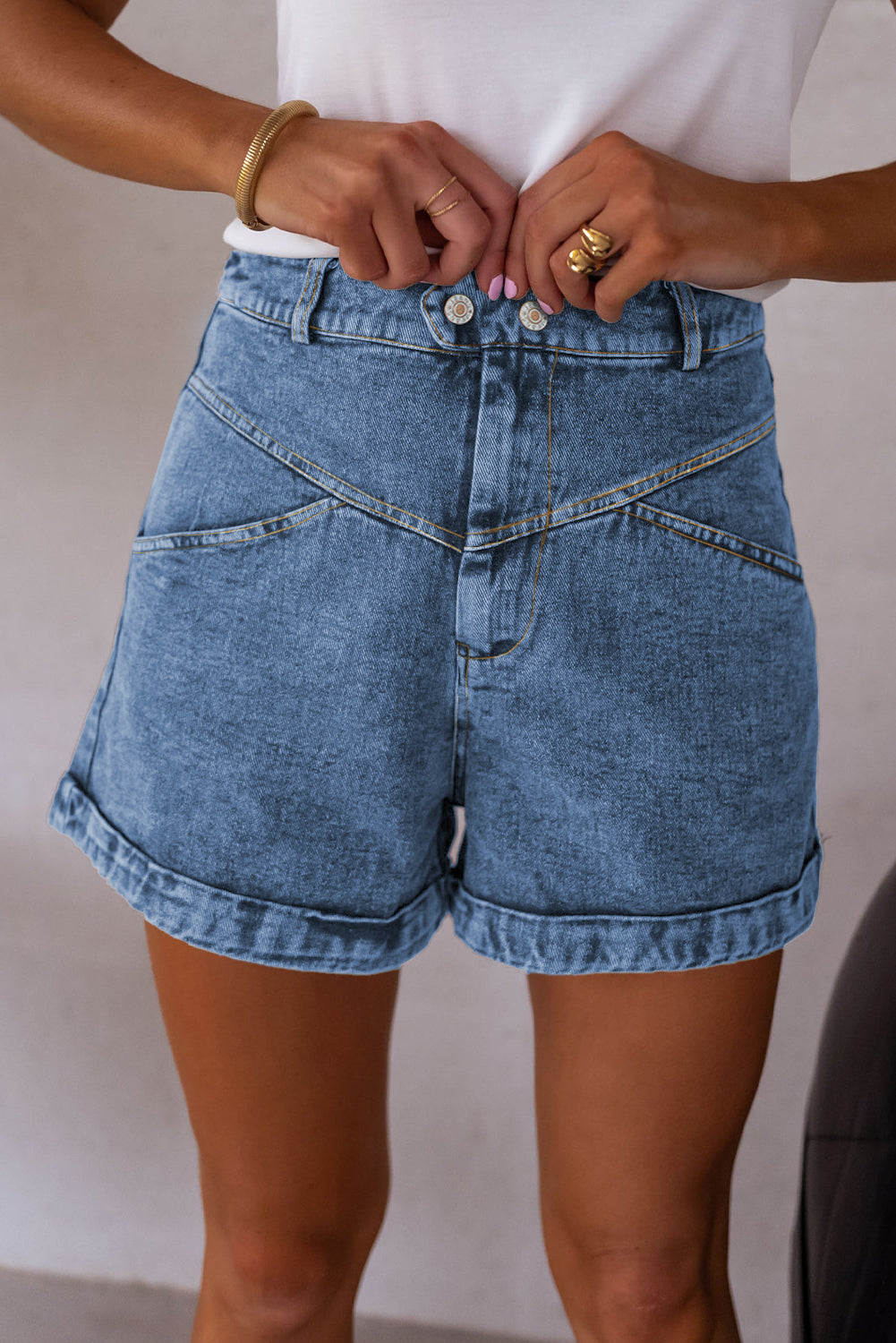Ivy Seam Detail Pocketed Cuffed Hem Denim Shorts-Bottoms/Denim Shorts-[Adult]-[Female]-Ivy-4-2022 Online Blue Zone Planet