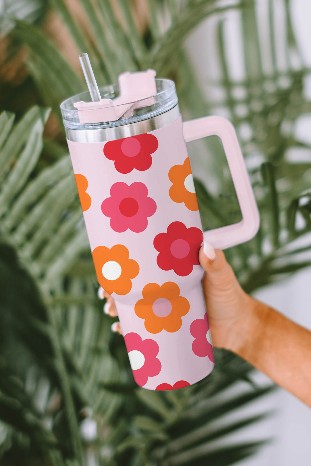 Multicolor Flower Print Handled Stainless Steel Vacuum Cup 40oz-Accessories/Tumblers-[Adult]-[Female]-2022 Online Blue Zone Planet