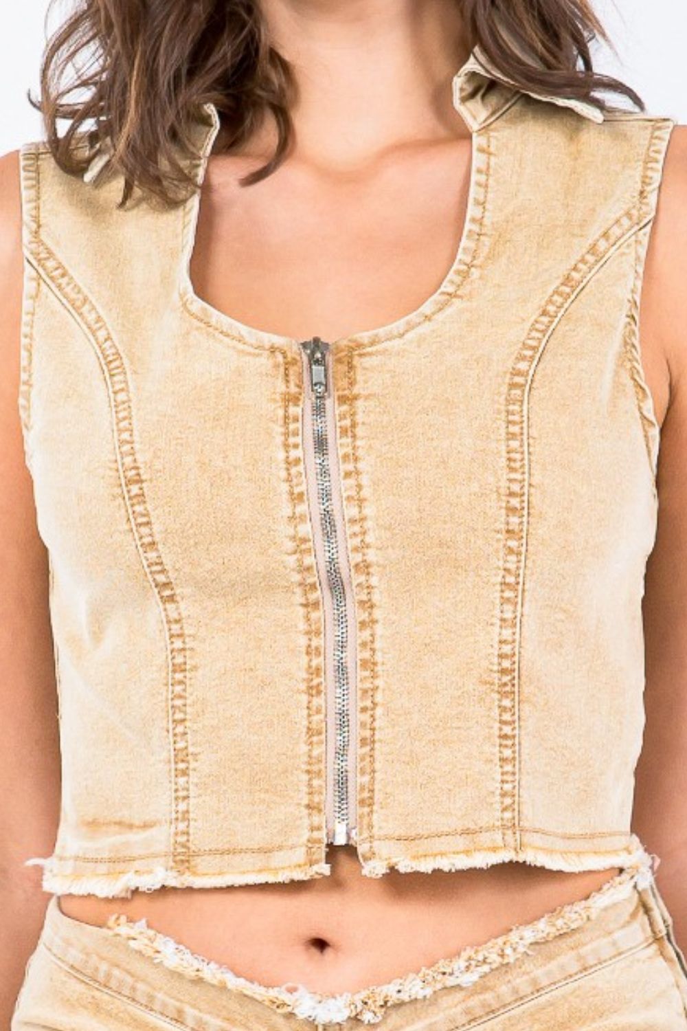 American Bazi Zip Up Washed Crop Denim Vest-TOPS / DRESSES-[Adult]-[Female]-2022 Online Blue Zone Planet