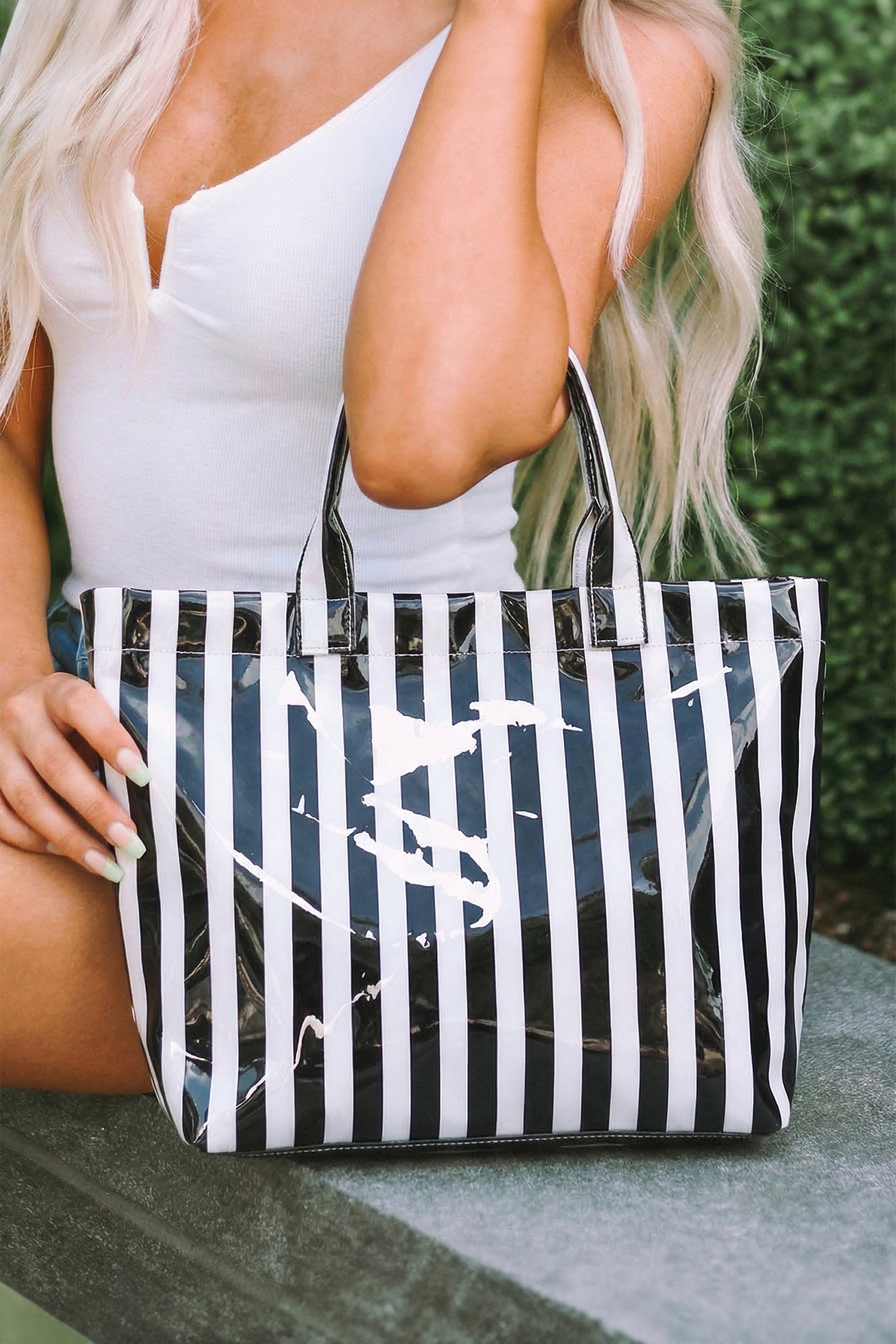 Blackish Green Glossy Striped Vinyl Large Tote Bag-Shoes & Bags/Handbags-[Adult]-[Female]-2022 Online Blue Zone Planet