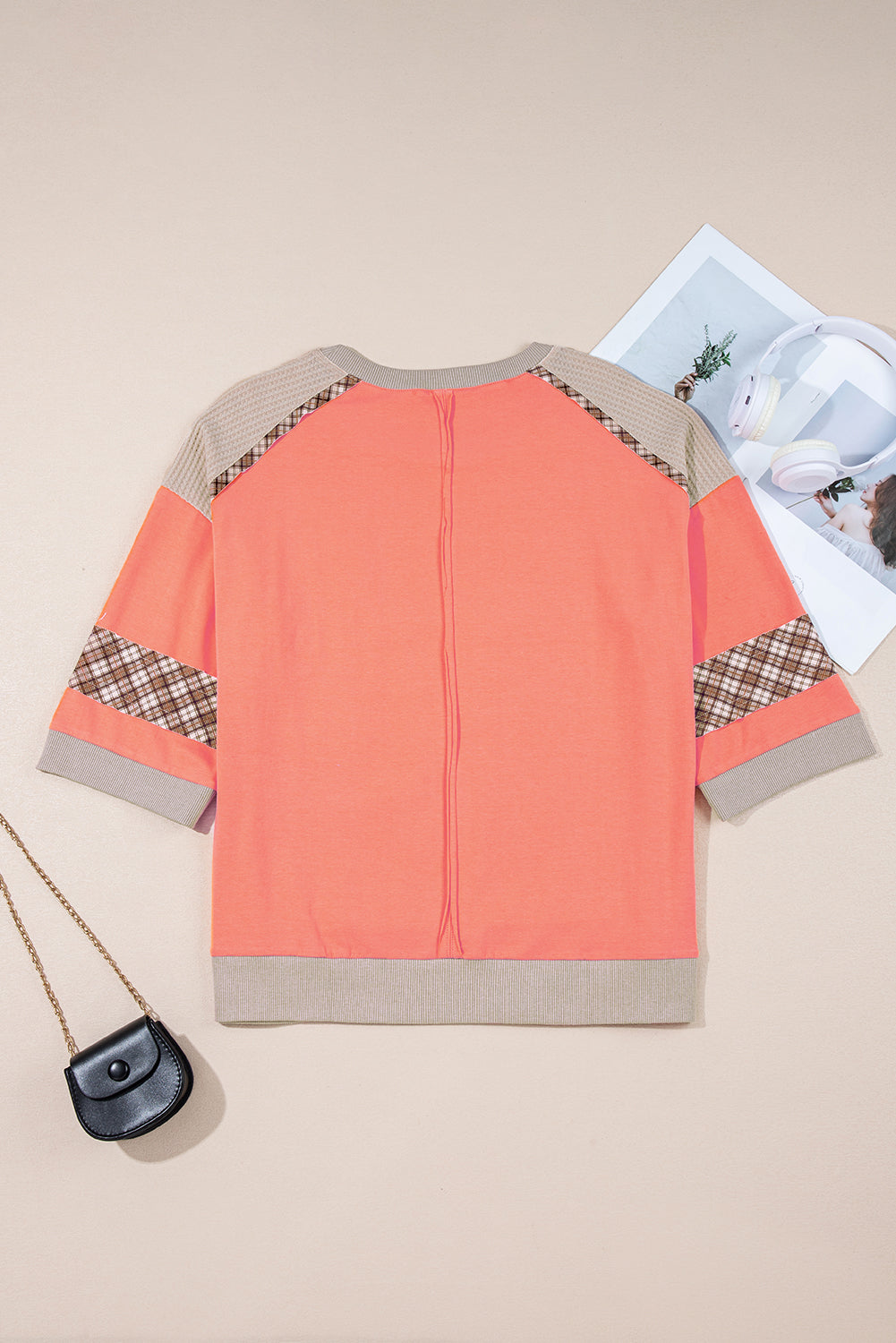 Grapefruit Orange Plaid Flower Waffle Patched Plus Size 3/4 Sleeve Top-Plus Size/Plus Size Tops/Plus Size Long Sleeve Tops-[Adult]-[Female]-2022 Online Blue Zone Planet